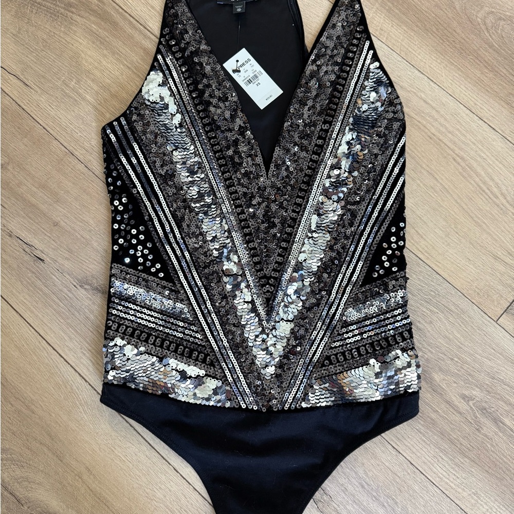 Express Black and Silver Bodysuit with Sophisticated Detailing